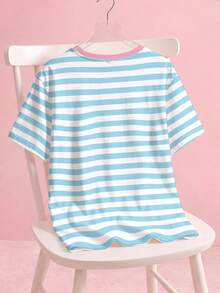My Little Pony X SHEIN Plus Size Women's Striped Round Neck Short Sleeve Casual T-Shirt All-Over - White - View 2
