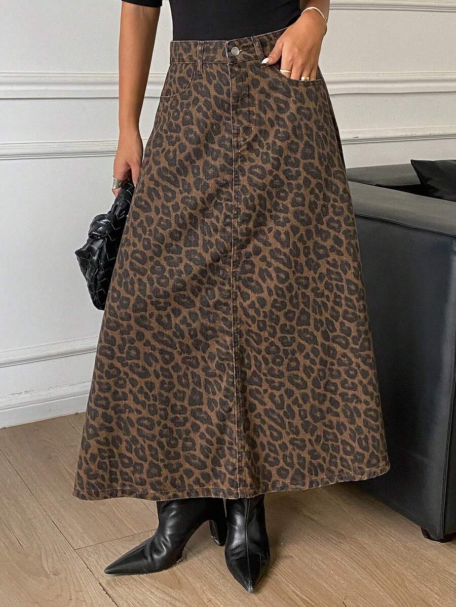 Livesso Rok Denim Panjang Model A-Line Pinggang Tinggi Motif Leopard untuk Wanita, Cocok untuk Musim Gugur/Dingin - Coklat - View 1
