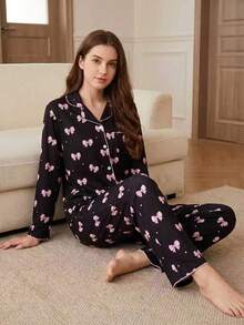 Teen Girls Black Base Bow Print Long Sleeve Cardigan & Long Pants 2 Pieces Set, Casual Comfortable Loungewear - Black - View 6
