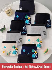 SHEIN 10 chiếc quần boxer nam trẻ em phong cách game vui nhộn, in hình máy chơi game, màu xanh, thoải mái, cho bé trai, mùa hè thu đông - Nhiều màu - Xem 1