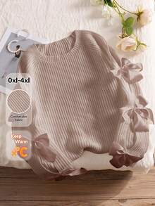CosyJoli Plus Size Hollow Bowknot Decor Cute Loose Fit Pullover Sweater, Apricot Color, Fall/Winter - Beige - View 7