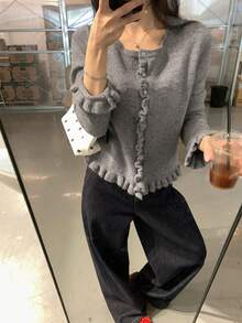 DAZY Women's Solid Color Loose Short Long Sleeve Ruched Ruffle Hem Casual Vacation Streetwear Spring Autumn Knit Cardigan - Grey - View 4