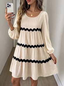 SHEIN Holidaya Gaun Kasual Liburan Gaya Boho dengan Tali Anyaman, Dekorasi Warna Beige Musim Gugur - Aprikot - View 5