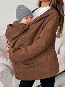 SHEIN Maternity Casual Thermal Lined Hooded 3-In-1 Jacket,Brown 3-In-1 Fleece-Lined Maternity Jacket For Autumn/Winter-Suitable For Various St - Brown - View 3