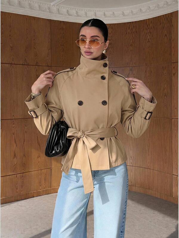 Lumalex Women's High Neck Tie Waist Loose Long Sleeve Regular Casual Trench Coat Jacket