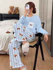Napfluff Cute Puppy Double-Sided Flannel Print Loose Round Neck Long Sleeve Pants Women's Pajama Set - Baby Blue - View 1