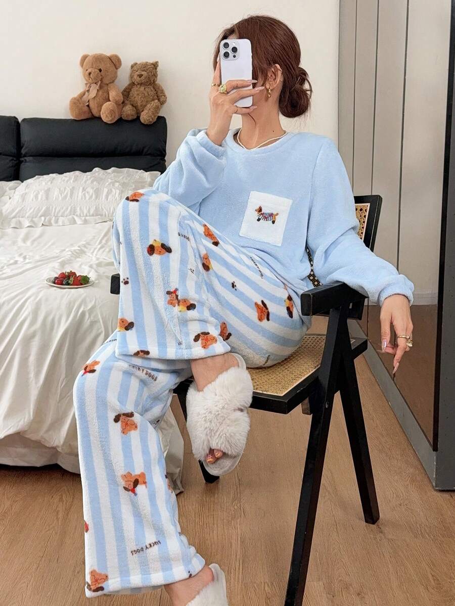 Napfluff Cute Puppy Double-Sided Flannel Print Loose Round Neck Long Sleeve Pants Women's Pajama Set - Baby Blue - View 1
