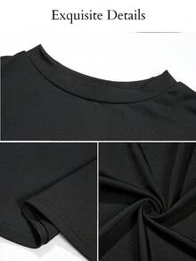 SOLERSUN Plus Size Women's Spring And Summer Solid Color Small Stand Up Collar Slit Long T-Shirt - Black - View 10
