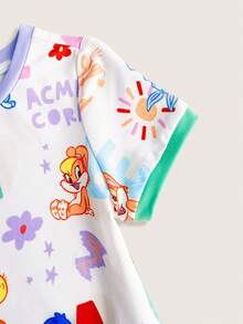 LOONEY TUNES X SHEIN 女嬰夏季休閒卡通印花連身褲 - 杏色 - 查看 5