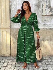 Breezaya Gaun Maxi Kasual Ukuran Besar dengan Kancing Depan Motif Bunga & Polkadot untuk Musim Gugur - Hijau - View 6