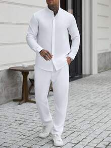 Manfinity CasualCool Men Spring And Autumn Casual Solid Color Shirt & Trousers, Fall Clothes, Formal - White - View 6