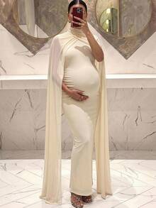 MaterniChic Elegant Chic Two Pieces Maternity Party Photoshoot Set: Cream Dress With Matching Shawl Stylish Fall Maternity Wear Suitable For Evening Events - Beige - View 1