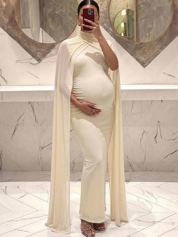 MaterniChic Elegante conjunto de 2 piezas de vestido de fiesta de maternidad con chal de unicolor
