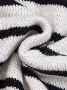 Elenzga Plus Size Casual Striped Versatile Slimming Long Sleeve Crew Neck Knit Sweater Winter - Black and White - View 6