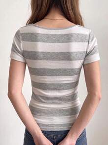 Sundraya American Retro Striped Short Sleeve Slim Fit Women's T-Shirt - Multicolor - View 3