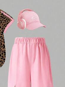 SHEIN 青少年女孩休閒極簡百搭豹紋撞色T恤與工裝褲兩件套，春/秋季 - 彩色 - 查看 5