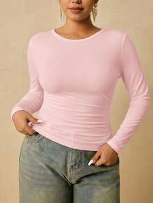 Freevana Plus Size Women's Black Long Sleeve Crew Neck Thermal Base Layer, Ruched Waist T-Shirt - Pink - View 1