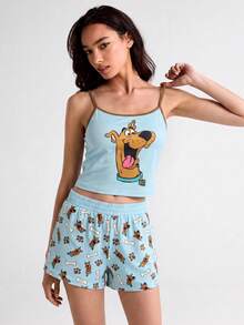 SCOOBY-DOO X SHEIN 女款卡通印花細肩帶上衣與鬆緊腰短褲睡衣套裝 - 藍色 - 查看 8