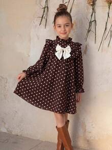 Emery Rose Kids Emery Rose Kids 女童可愛度假休閒杏色花卉圖案蝴蝶結長袖寬鬆洋裝，秋季花卉洋裝 - 卡其色 - 查看 3