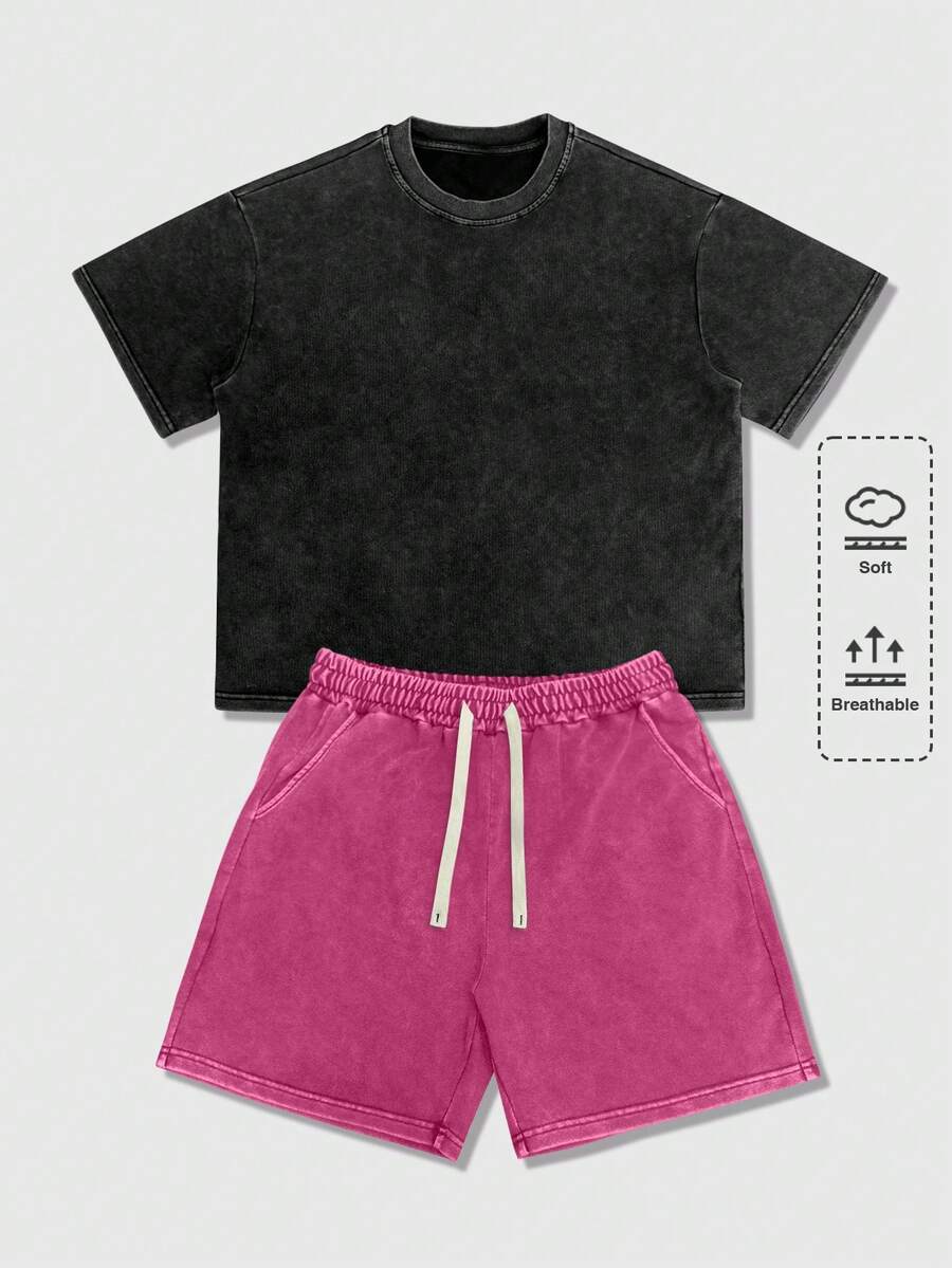 ROMWE MEN Essentials Men's Solid Color Round Neck Short Sleeve T-Shirt And Drawstring Waist Shorts Casual Set - Multicolor - View 1