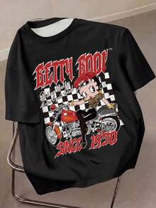 Betty Boop x SHEIN Plus Size Women's Black All-Over Print Round Neck Short Sleeve Fashion T-Shirt - White - View 1