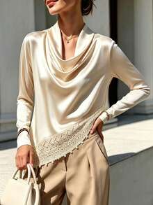 RosyDaze Women's Elegant Commute Lace Patchwork Cowl Neck Blouse - Champagne - View 5