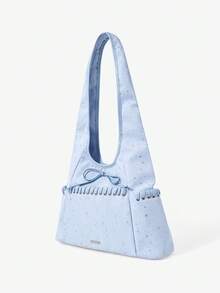 Viva Strut Ladies Bag, Fashionable Canvas HOBO Bag, Rope Decoration, Star Printed Stray Bag With Front Bow Design, Avant-Garde Retro Style Is Suitable For Street - Light blue - View 3