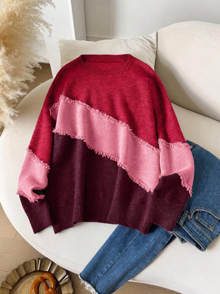 CosyJoli Plus Size Casual Cat Whisker Tassel Color Block Crew Neck Pullover Sweater Autumn Winter Clothes For Women - Red - View 5