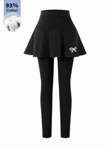 SHEIN 青少年女孩緊身褲，休閒優雅裙褲二合一蝴蝶結圖案，適合春、秋、夏穿著，完美適用於外出 - 黑色 - 查看 2
