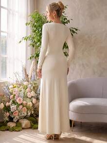Loomaby Maternity Solid Color Round Neck Long Sleeve Ruffle Hem Split Hem Dress Dress Gender Reveal Dress Maternity Dress Baby Shower Dress Fall - Khaki - View 8