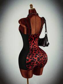 Amplova Halloween Underwire Tight-Fitting Criss-Cross Straps Black Leopard Print Sexy Y2K Polyester Shiny Satin Bodycon Jumpsuit For Women Night Club Summer - Black - View 2