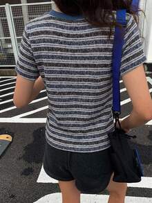 DAZY 夏秋藍色與棕色條紋拼色拼接休閒街頭戶外短袖女款圖案T恤 - 黑色 - 查看 7