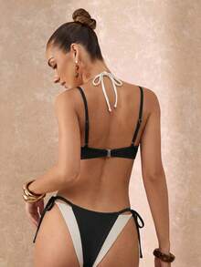 Lumalex 2pcs Solid Color Fabric Spaghetti Strap Backless 2 In 1 Design With Round Chest Accessory Fashion Sexy Beach Seaside Pool Water Sports Bikini Set - Black and White - View 14