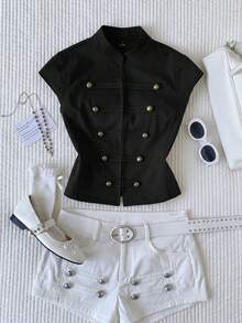 Comfortcana Women's Solid Color Studded Decor Casual Versatile Daily Wear Jacket - Black - View 8