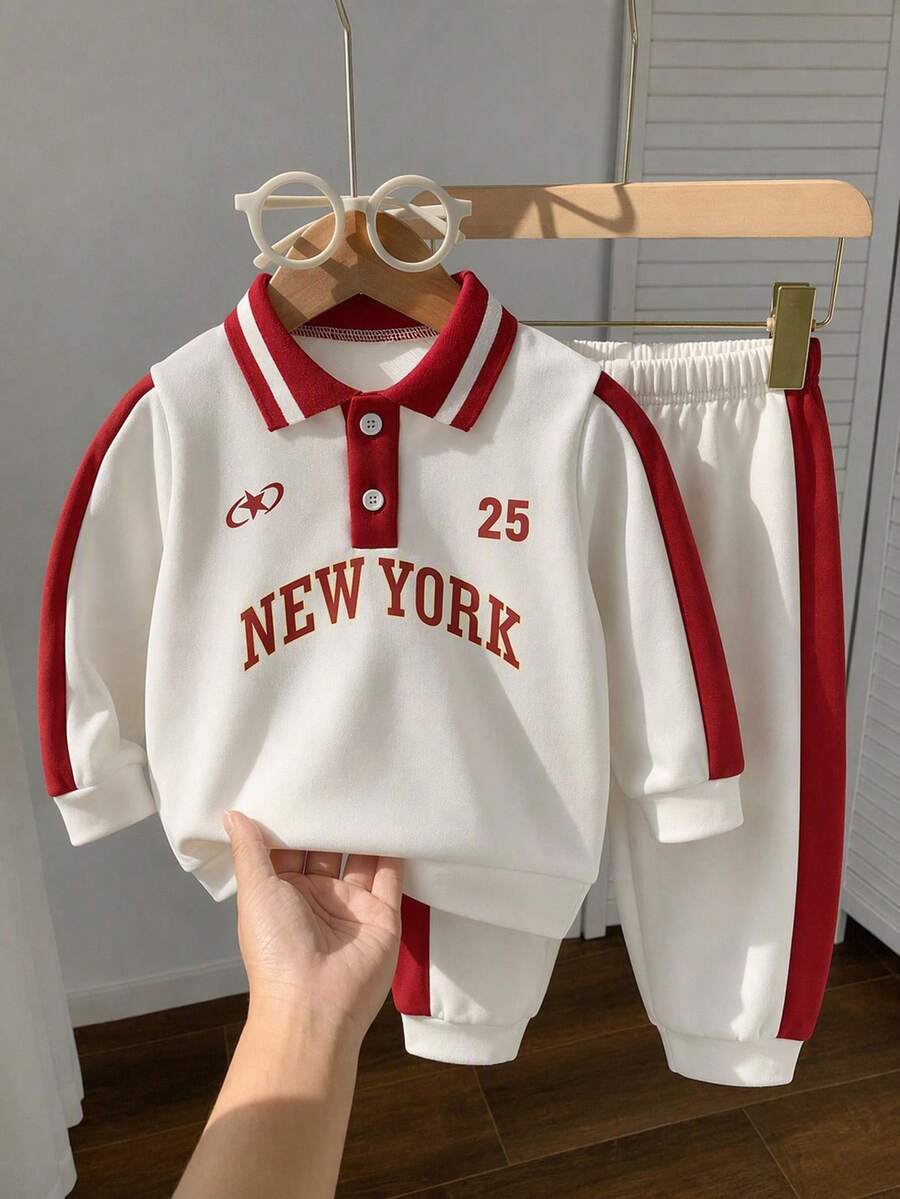SHEIN Playful Pals 2件組 幼兒男童 Polo 衫長褲套裝 學院風 白色紅配色 紐約條紋 長袖翻領 生日男孩 春秋慢跑穿搭