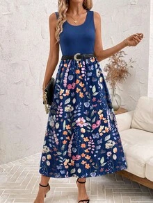 SHEIN Clasi 女款花卉印花圓領休閒波希米亞風無袖中長洋裝，適合外出、聚會與度假；夏季海軍藍花卉，復活節 - 彩色 - 查看 10