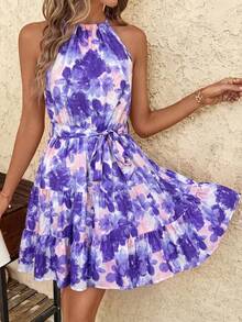 SHEIN Clasi 女款花卉印花休閒掛脖迷你洋裝，適合度假 - 淡紫色 - 查看 3