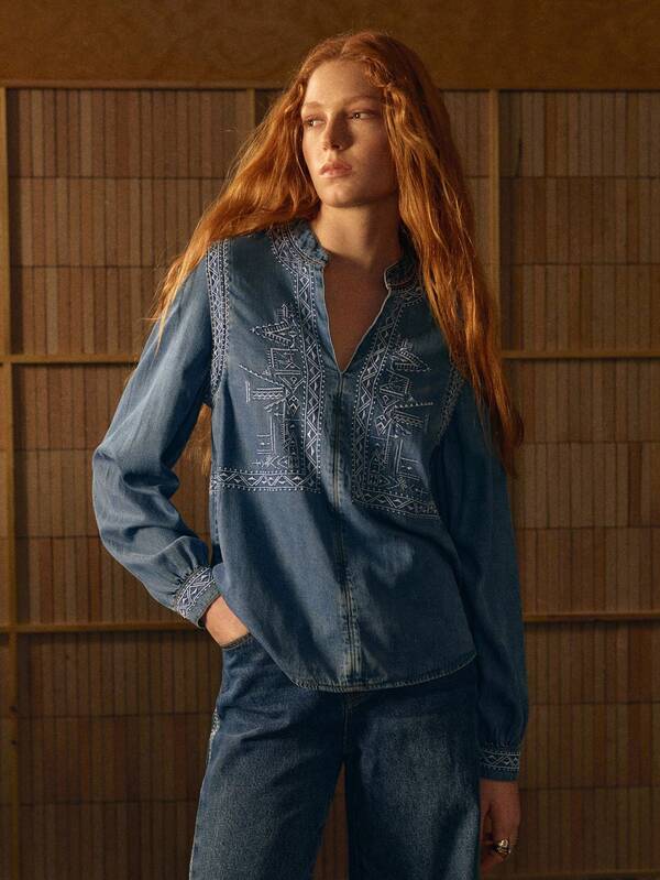 MOTF PREMIUM WOMEN'S EMBROIDERED DENIM TOP WITH NOTCH NECKLINE