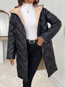 SHEIN Clasi 女款純色保暖內裡休閒冬季填充外套，適合露營、度假、黑色、日常旅行 - 黑色 - 查看 4