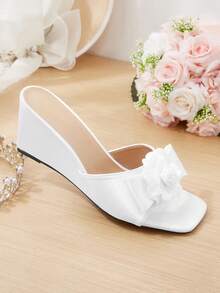 CUCCOO HITCHD White Satin Three-Dimensional Flower Square Toe Slope Heel Sandals Women's Summer Wear With Temperament Open-Toed Slippers - White - View 7