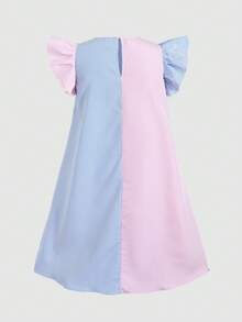 SHEIN Tween Girl Casual Daily Versatile Comfortable Patchwork Colorblock Short Flutter Sleeve Dress Tween Girl - Multicolor - View 5