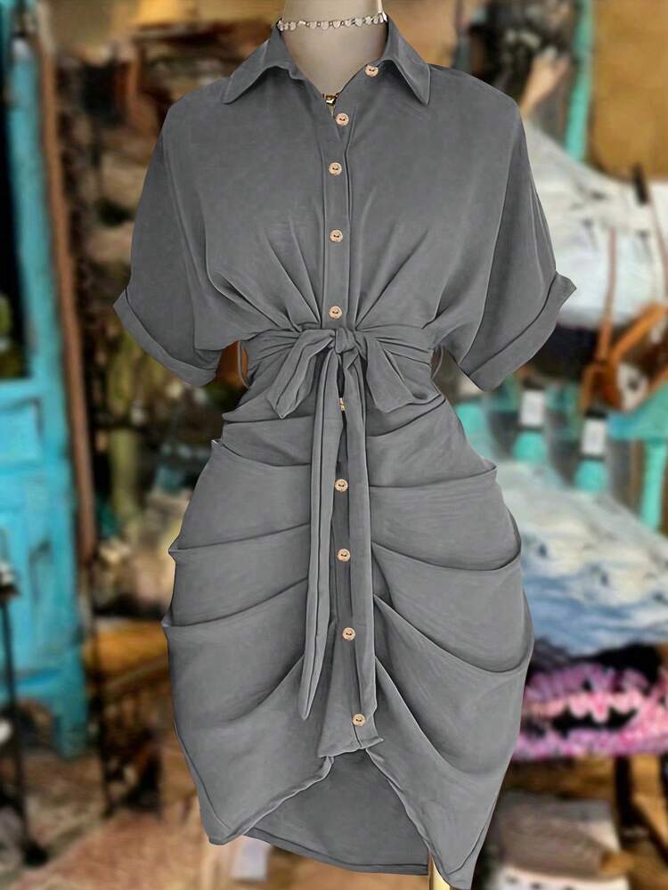 INAWLY Vestido camisa de manga corta con cuello, abotonadura sencilla y cintura con lazo - Gris - Añade 1