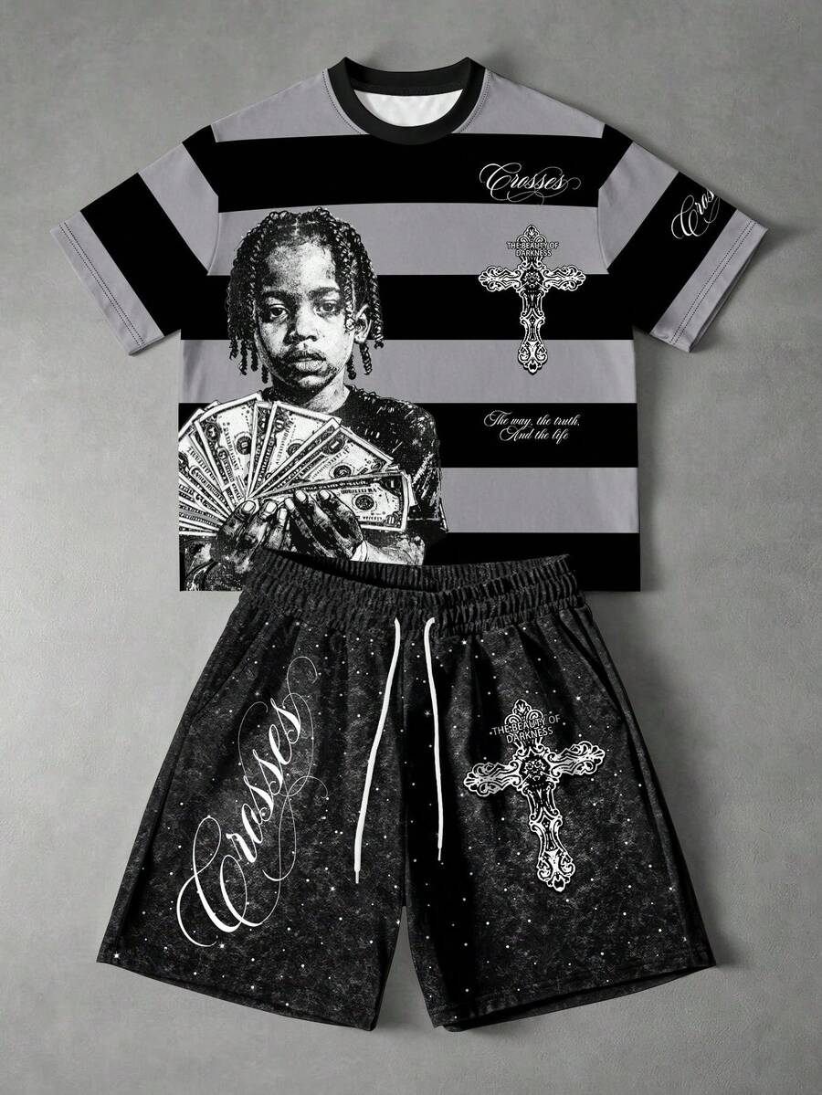 Manfinity EMRG 男士黑色與灰色印花兩件套,哥德十字與人像印花短袖T恤 + 抽繩短褲,美式街頭復古Y2K風格,夏季音樂節派對休閒穿搭 - 彩色 - 查看 1