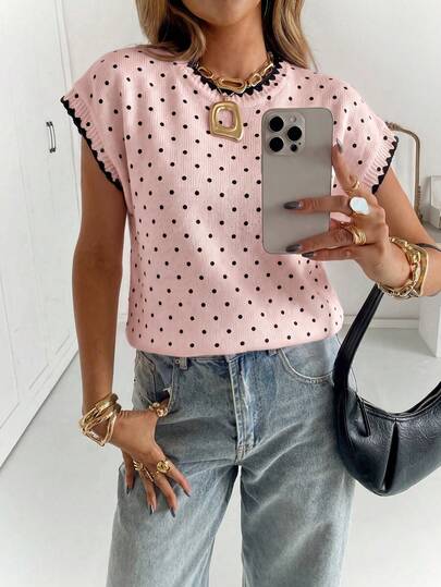 Siren Gaze Women's French Style Shell Embroidery Contrast Color Knit Top, Sweet