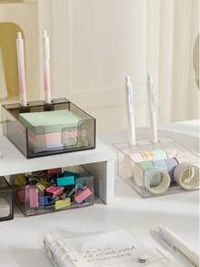 Haus Hana Clear Stackable Desktop Storage Box, Minimalist Stationery & Sundry Organizer For Sticky Notes, Pens, Clips, Cards, Books, Office Supplies, Home Workspace, Desk, Shelf, Bedroom, Daily Organization & Housewarming Gift - Multicolor - View 12