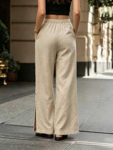 SHEIN Pantalones casuales de vacaciones con botones delanteros de unicolor - Caqui - Ver 2