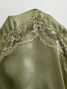 SHEIN LUNE 蕾丝拼接花瓣袖收腰蝴蝶结A字休闲宽松优雅通勤复古春夏迷你连衣裙 - 綠色 - 查看 8