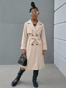 Tween Girl Casual Daily Fashion Button Long Sleeve Lapel Trench Coat - Apricot - View 7