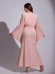 Viva Relle Plus Size Women's New Pink Round Neck Flowing Trumpet Sleeves, Heavy-Duty Nail Bead Long Dress For Women's Dinner Parties Fall - Dusty Pink - View 4