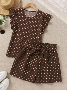 SHEIN CURVE+ Plus Size Women Brown Polka Dot Flutter Sleeve Shorts 2 Pieces Set, Casual Comfortable Outfit For Autumn/Winter - Multicolor - View 3